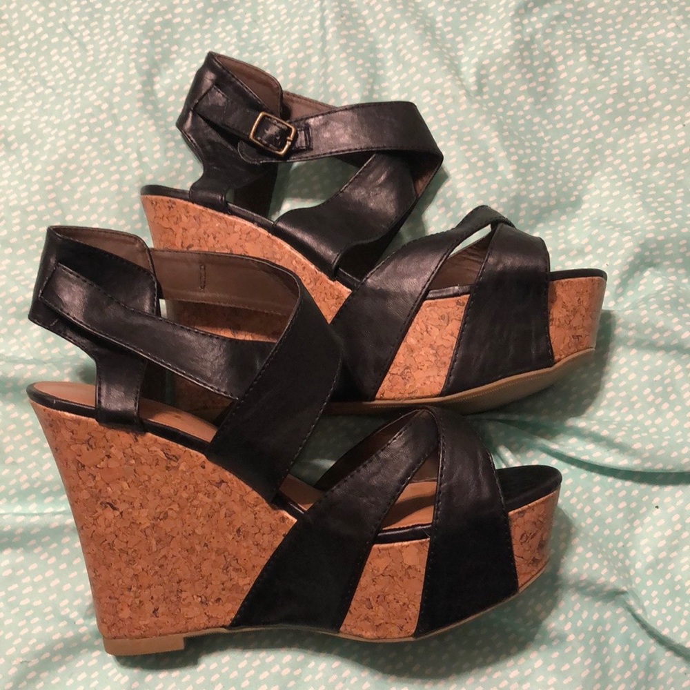 Ankle cross faux leather wedges size 10